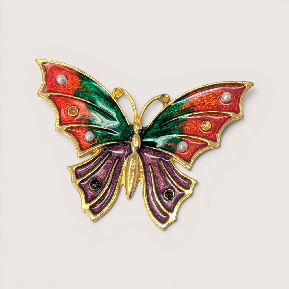 Vintage Gold Tone Enamel Butterfly Brooch